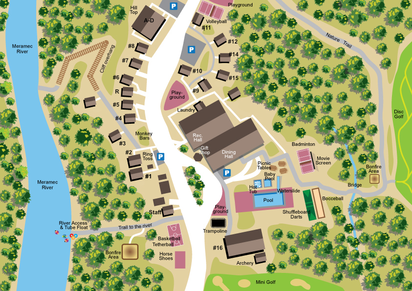 Cobblestone Lodge, property map. An All-Inclusive Family Summer Camp. On the Meramec River, Steelville, MO